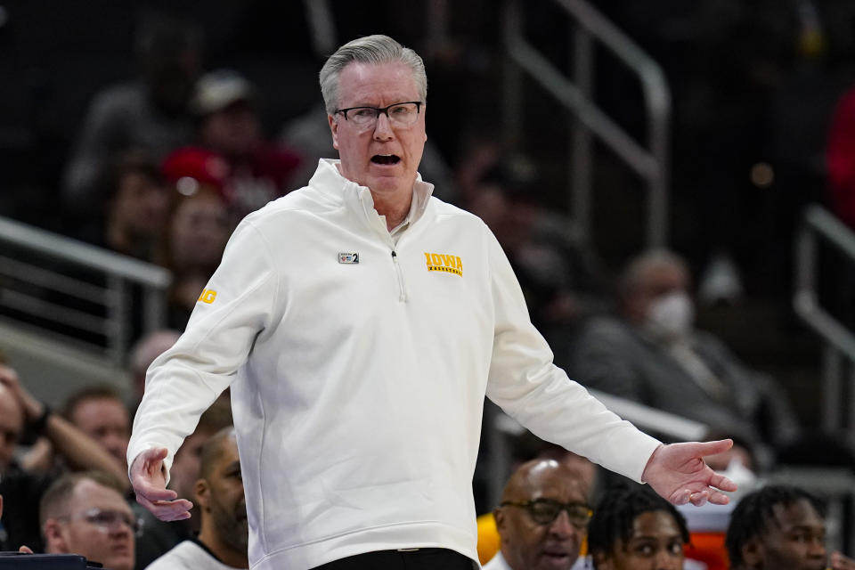 Iowa head coach Fran McCaffery questions a call during the first half of an NCAA college basketball game against Northeastern at the Big Ten Conference tournament in Indianapolis, Thursday, March 10, 2022. (AP Photo/Michael Conroy)