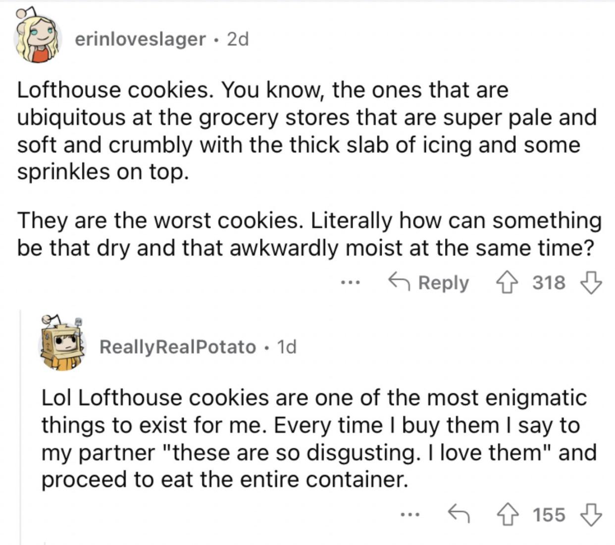 Reddit screenshot from someone who finds Lofthouse cookies to be gross.
