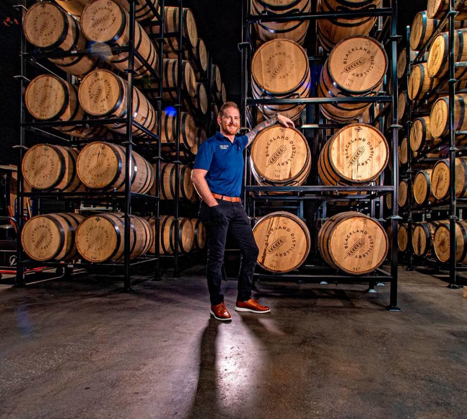 Chase Ament, chief operating officer of Fort Worth-based Devil’s Cask, at Blackland Distillery where they are doing tests on their new technology. Photo taken Monday, Feb. 6, 2023.