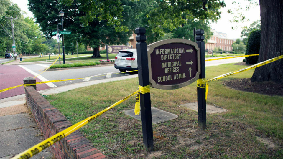 <div class="inline-image__caption"><p>"Police work the scene where eleven people were killed during a mass shooting at the Virginia Beach city public works building, Friday, May 31, 2019 in Virginia Beach, Va. A longtime, disgruntled city employee opened fire at a municipal building in Virginia Beach on Friday, killing 11 people before police fatally shot him, authorities said. Six other people were wounded in the shooting, including a police officer whose bulletproof vest saved his life, said Virginia Beach Police Chief James Cervera. </p></div> <div class="inline-image__credit">L. Todd Spencer/The Virginian-Pilot/AP</div>