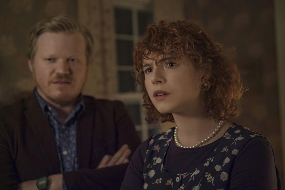 This image released by Netflix shows Jesse Plemons, left, and Jessie Buckley in a scene from "I'm Thinking of Ending Things." (Mary Cybulski/Netflix via AP)