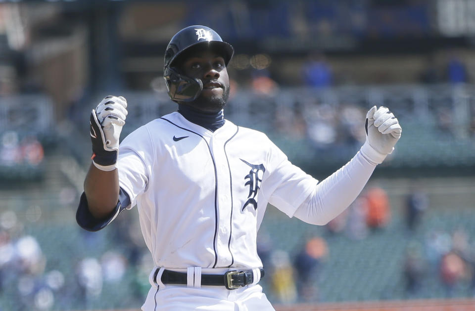 DETROIT, MI -  APRIL 4: Akil Baddoo #60 of the Detroit Tigers celebrates after hitting a solo home run against the Cleveland Indians during the third inning at Comerica Park on April 4, 2021, in Detroit, Michigan. (Photo by Duane Burleson/Getty Images)