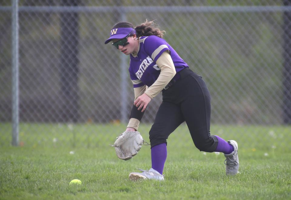 Western Beaver's Shaylyn Shall fields a ground ball during the third inning against West Allegheny Wednesday evening at West Allegheny High School.