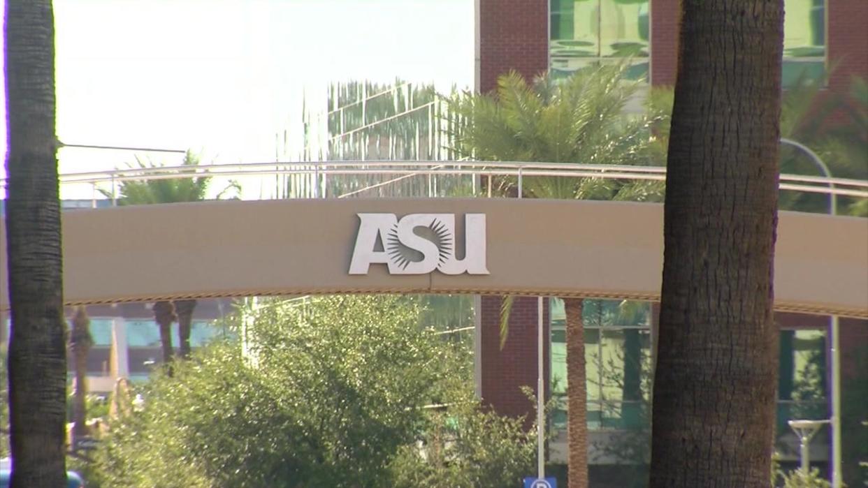 <div>ASU Logo over a pedestrian bridge at the schools campus in Tempe.</div>