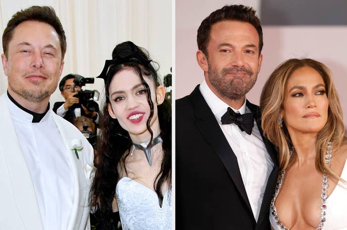 A photo of Elon Musk with Grimes and a photo of Ben Affleck with Jennifer Lopez.