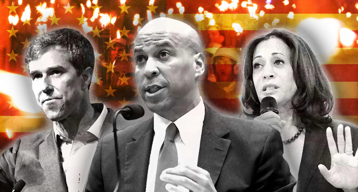 Beto O'Rourke, Cory Booker and Kamala Harris. (Photo illustration: Yahoo News; photos: AP(3), Zach D Roberts/NurPhoto via Getty Images, AP)