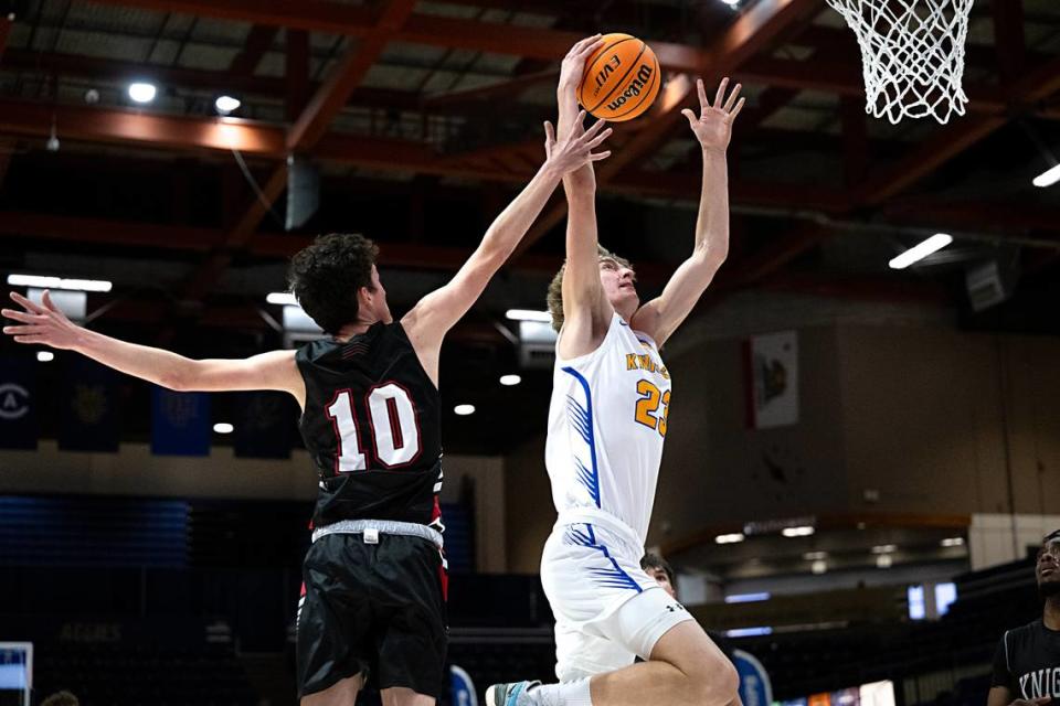 Ripon Christian’s Jace Biederman scores past Futures Ivan Blyshchyk during the Sac-Joaquin Section Division V championship game at UC Davis in Davis, Calif., Friday, Feb. 23, 2024. Andy Alfaro/aalfaro@modbee.com