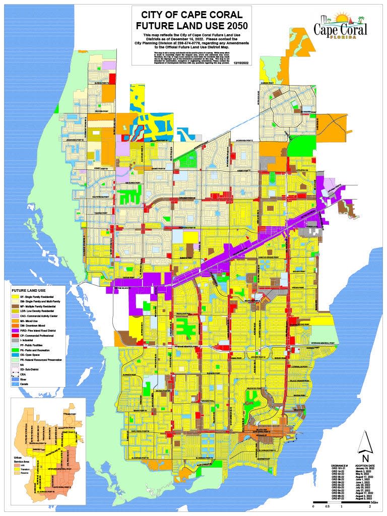 The City of Cape Coral's Future Land Use Map 2050. The Pine Island Road District is in purple.