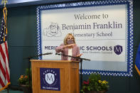 First lady Jill Biden speaks during a tour at Benjamin Franklin Elementary School in Meriden, Conn., on Wednesday, March 3, 2021. Mandel Ngan, Pool via AP)