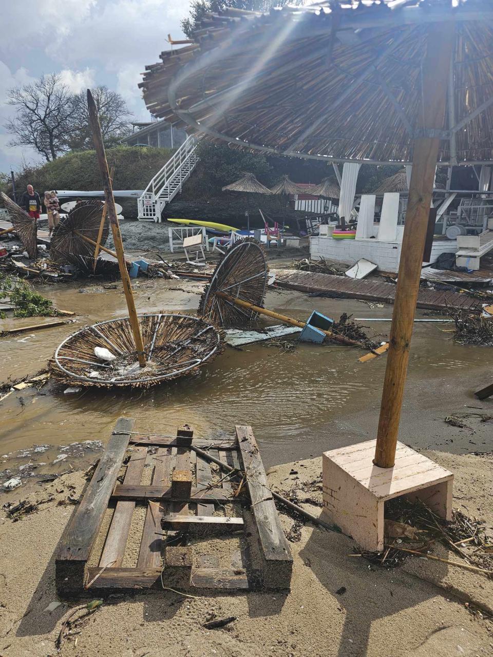 A view of the damage on the beach after a storm, in Arapya, Bulgaria, Tuesday, Sept. 5, 2023. Bulgaria's Prime Minister Nikolay Denkov said two people died and three others were missing after a storm caused floods on the country's southern Black Sea coast. (AP Photo/Milena Genadieva)