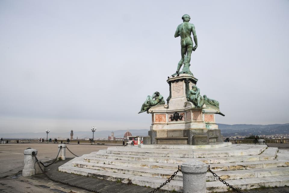 A deserted Piazzale Michelangelo overlooking the city of Florence, Tuscany on March 10, 2020. (Credit: Carlo Bressan/AFP)