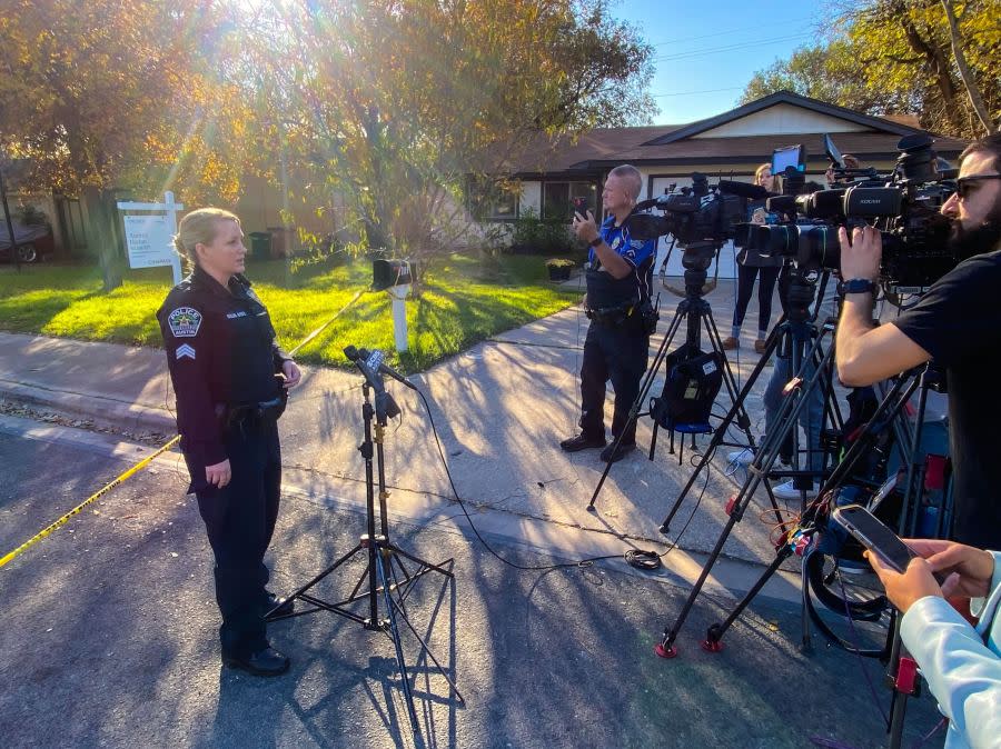 A spokesperson for the Austin Police Department holds a media briefing after a double homicide on Shadywood Drive in south Austin on Dec. 5, 2023. (KXAN Photo/Jordan Belt)