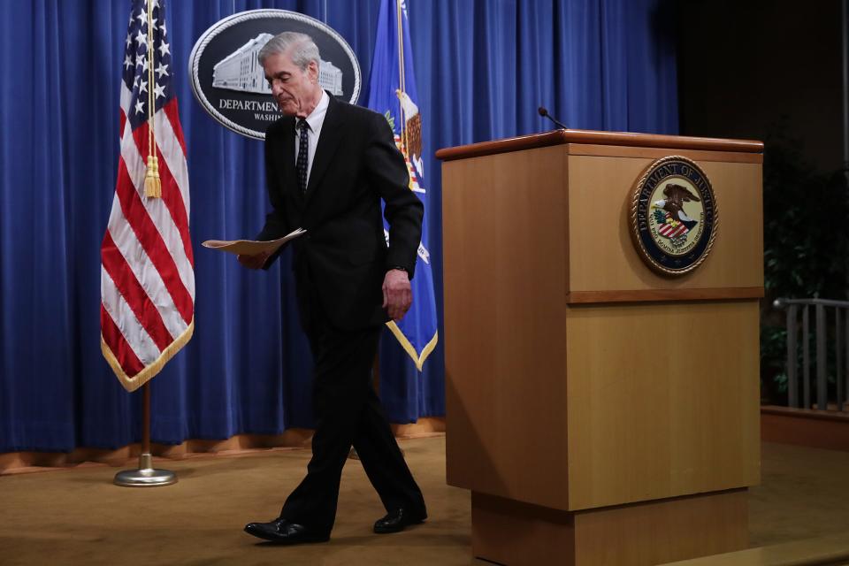 WASHINGTON, DC - MAY 29: Special Counsel Robert Mueller walks away from the podium after making a statement about the Russia investigation on May 29, 2019 at the Justice Department in Washington, DC. Mueller said that he is stepping down as special counsel and that the report he gave to the attorney general is his last words on the subject.