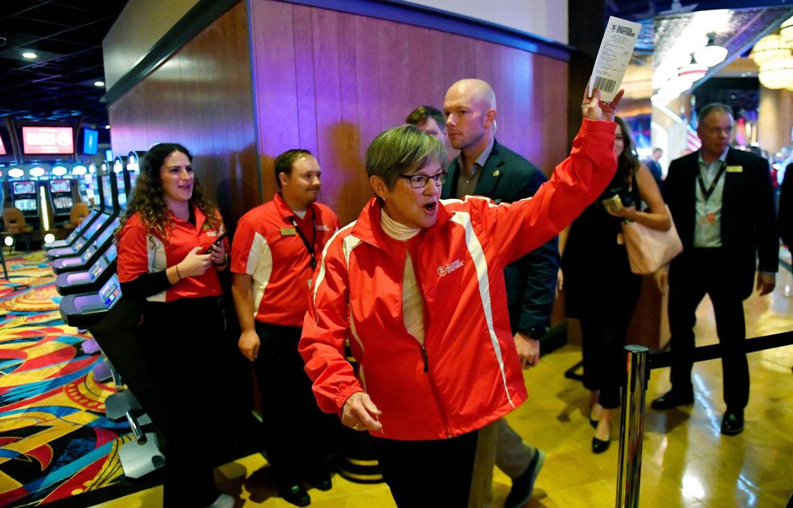 “Go Chiefs,” the chant went up as legalized sports betting got underway Thursday in Kansas, including a location at the Hollywood Casino at Kansas Speedway, in Kansas City, Kansas. Kansas Gov. Laura Kelly placed the first bet and turned toward an enthusiastic crowd after putting her money on the Kansas City Chiefs. The temporary Barstool Sportsbook consists of 30 sports betting kiosks and five betting windows with odds boards and 45 high-definition televisions. The casino plans on opening a permanent Barstool Sportsbook in the fall.