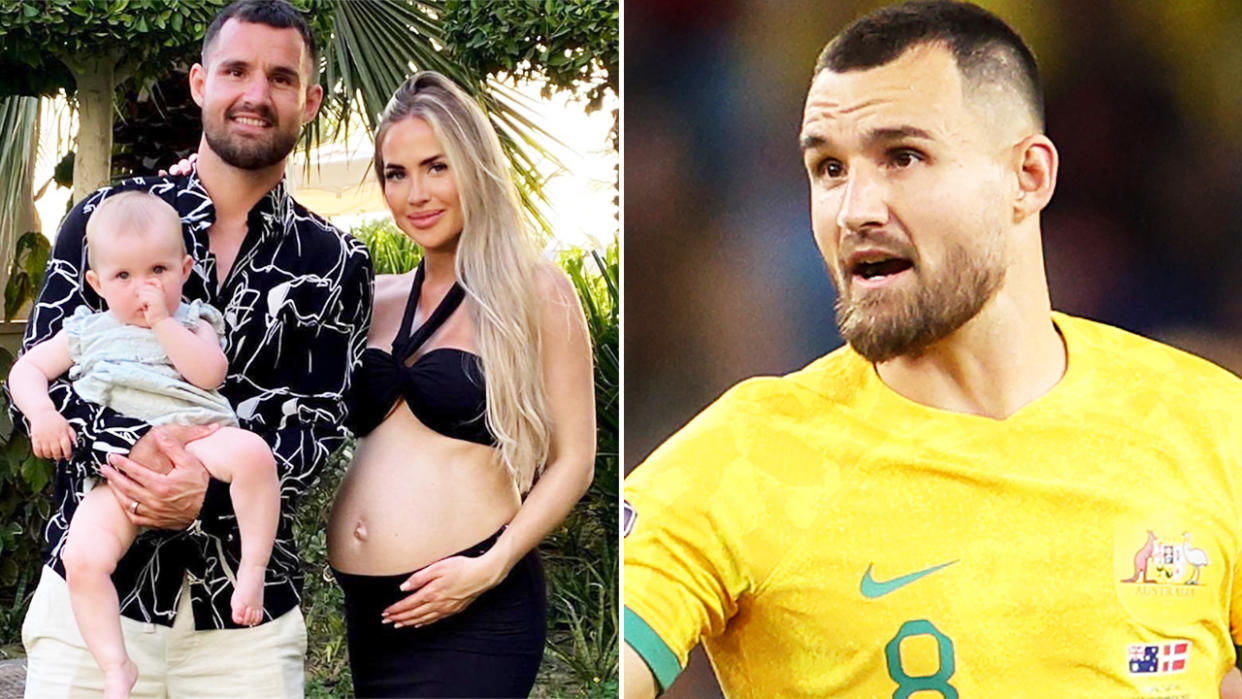 Socceroos player Bailey Wright, pictured here with his wife and child.