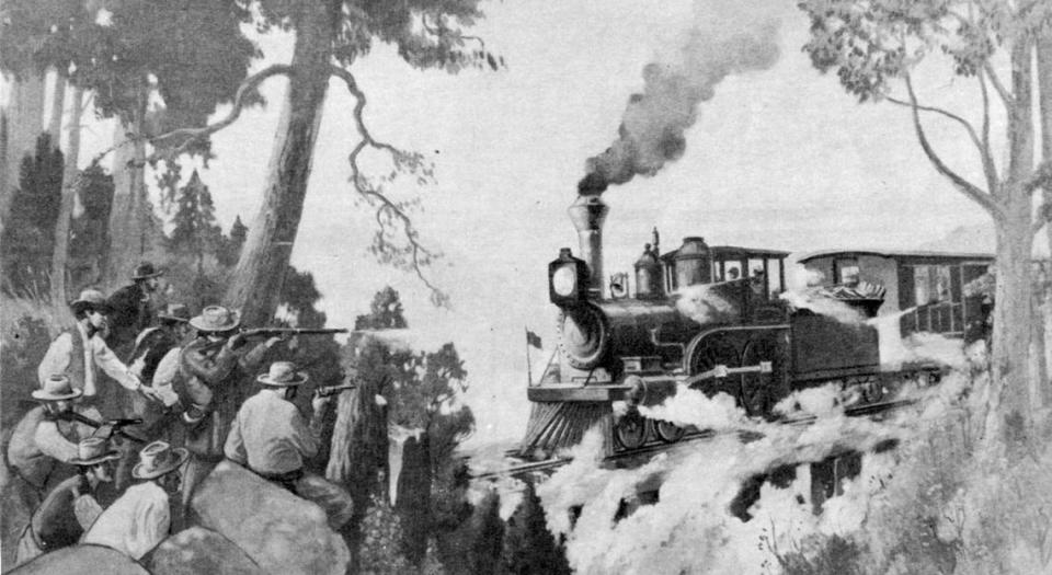 A group of guerilla raiders attack a Pacific Railroad train in a painting by Frank Nuderscher.