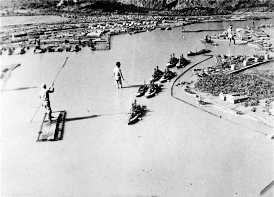 <p>A model made for a Japanese propaganda film on the Pearl Harbor raid, showing ships located as they were during the Dec. 7, 1941, attack, is seen in a photograph brought back to the U.S. from Japan at the end of World War II by Rear Admiral John Shafroth. (U.S. Naval History and Heritage Command/Handout via Reuters) </p>