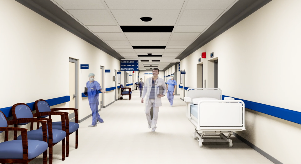 A rendering of the interior hall of a new health care simulation center at Southeast Technical College.
