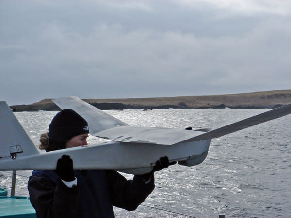 A researcher with one of the unmanned aircraft being used to survey the Steller sea lion populations
