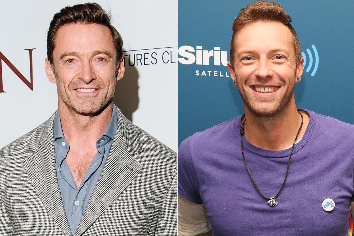 Hugh Jackman at a special screening of "The Son" held at Crosby Street Hotel on October 24, 2022 in New York City, Chris Martin of Coldplay visits at SiriusXM Studios on November 24, 2015 in New York City.