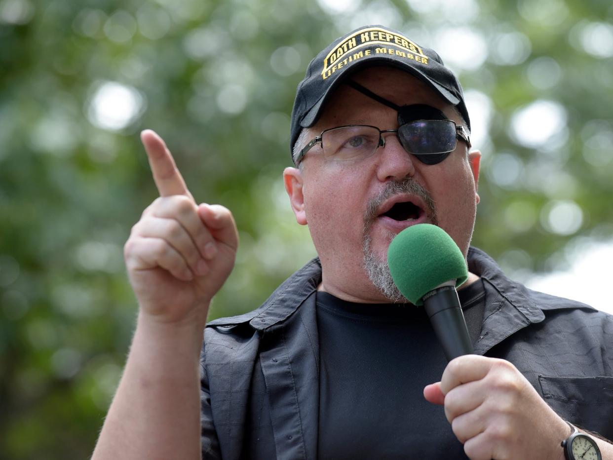 Stewart Rhodes, founder of the citizen militia group known as the Oath Keepers speaks during a rally outside the White House in Washington, on June 25, 2017.