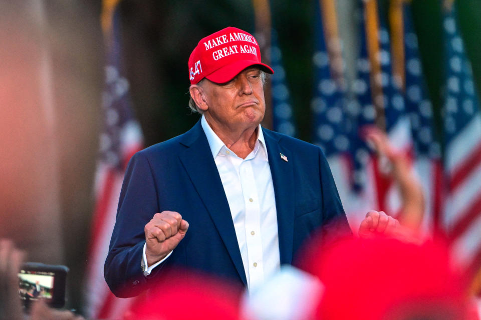 Former US President and Republican presidential candidate Donald Trump gestures during a rally in Doral, Florida, on July 9, 2024. (Photo by Giorgio Viera / AFP) (Photo by GIORGIO VIERA/AFP via Getty Images)