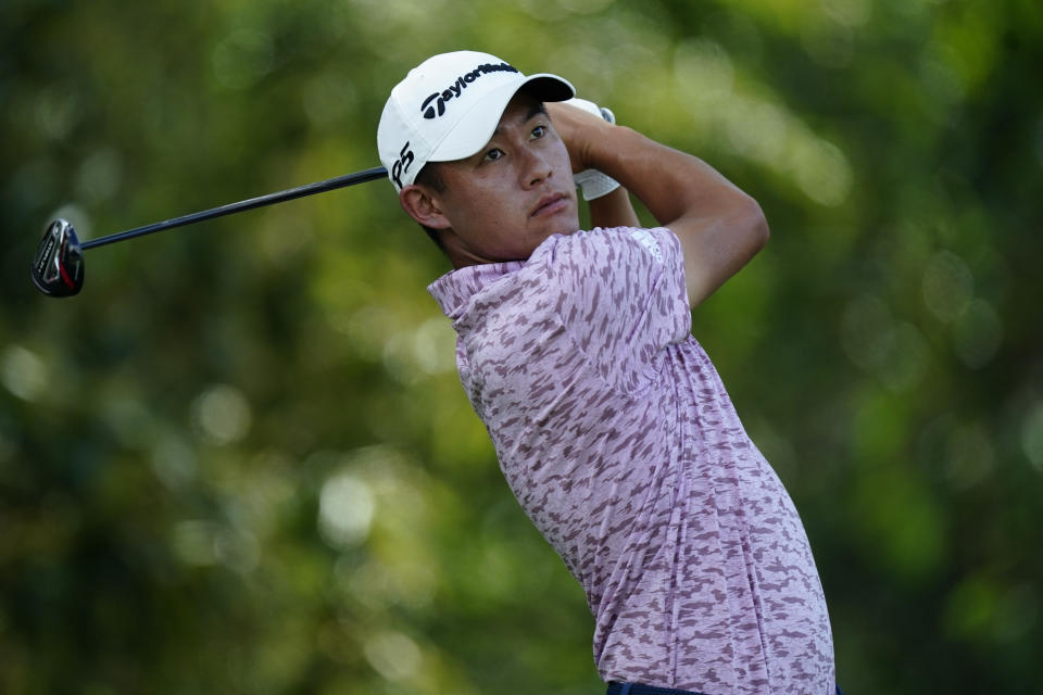 FILE - Collin Morikawa hits off the third tee during the second round of the Tour Championship golf tournament at East Lake Golf Club, Friday, Aug. 26, 2022, in Atlanta. Morikawa will compete on the American team at the Presidents Cup beginning Thursday, Sept. 22. (AP Photo/John Bazemore, File)