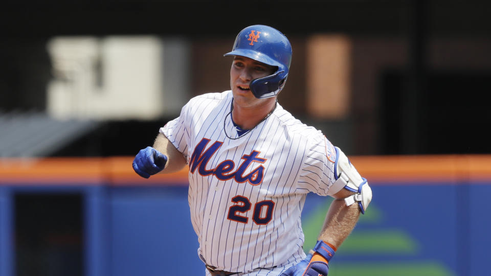 New York Mets Pete Alonso rounds the bases with a two run home run against the Miami Marlins in the first inning of a baseball game, Wednesday, Aug. 7, 2019 in New York. (AP Photo/Mark Lennihan)