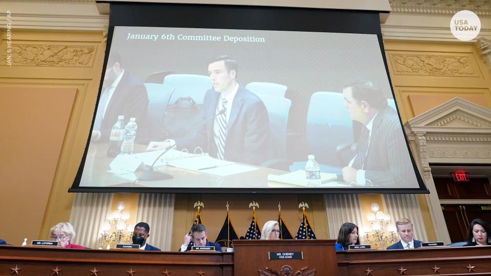 Former deputy press secretary Judd Deere is seen in a video as the House select committee investigating the Jan. 6 attack on the U.S. Capitol holds a hearing at the Capitol in Washington, Thursday, July 21, 2022. (AP Photo/Patrick Semansky)