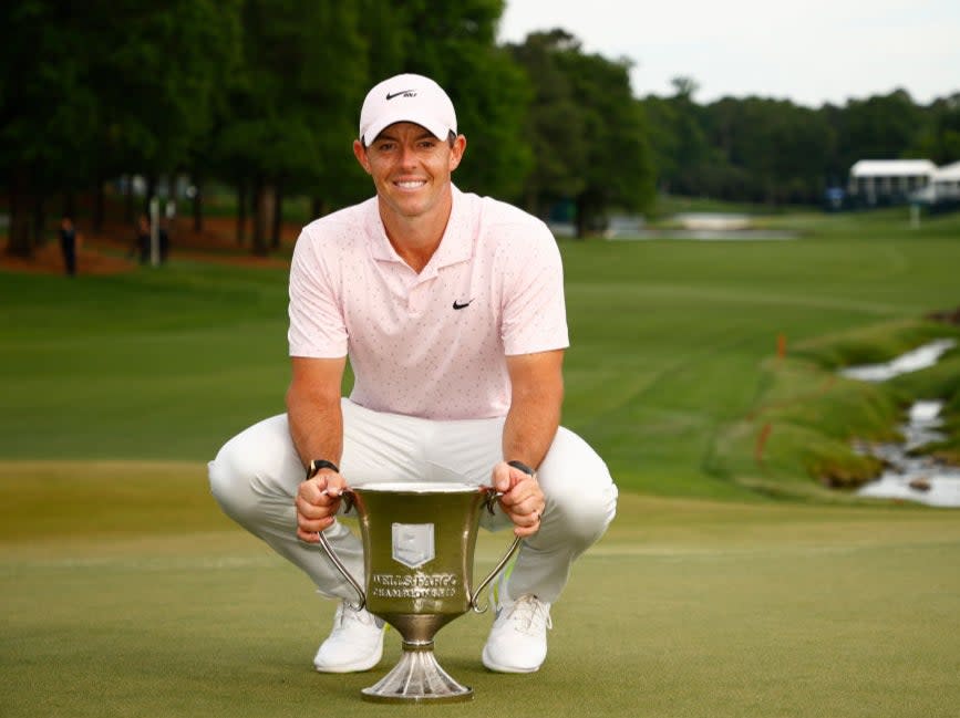 Rory McIlroy poses with the trophy at the Wells Fargo Championship (Getty Images)