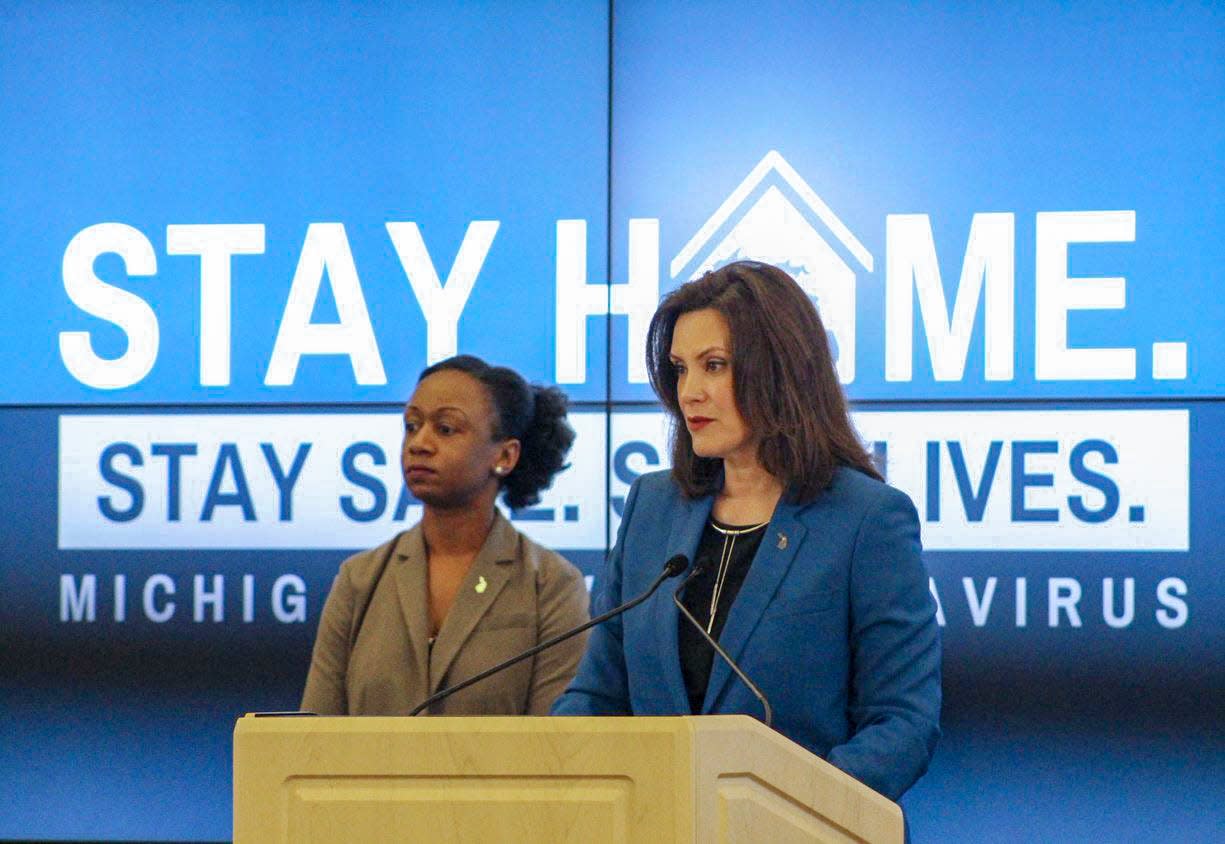 Governor Gretchen Whitmer, left, and and Human Services Chief Medical Executive Dr. Joneigh Khaldun, right, gives an update on COVID-19 during a press conference on April 24, 2020.