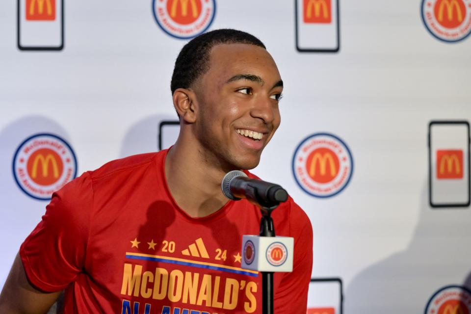 Apr 1, 2024; Houston, TX, USA; McDonald's All American East forward Bryson Tucker speaks during a press conference at JW Marriott Houston by The Galleria.