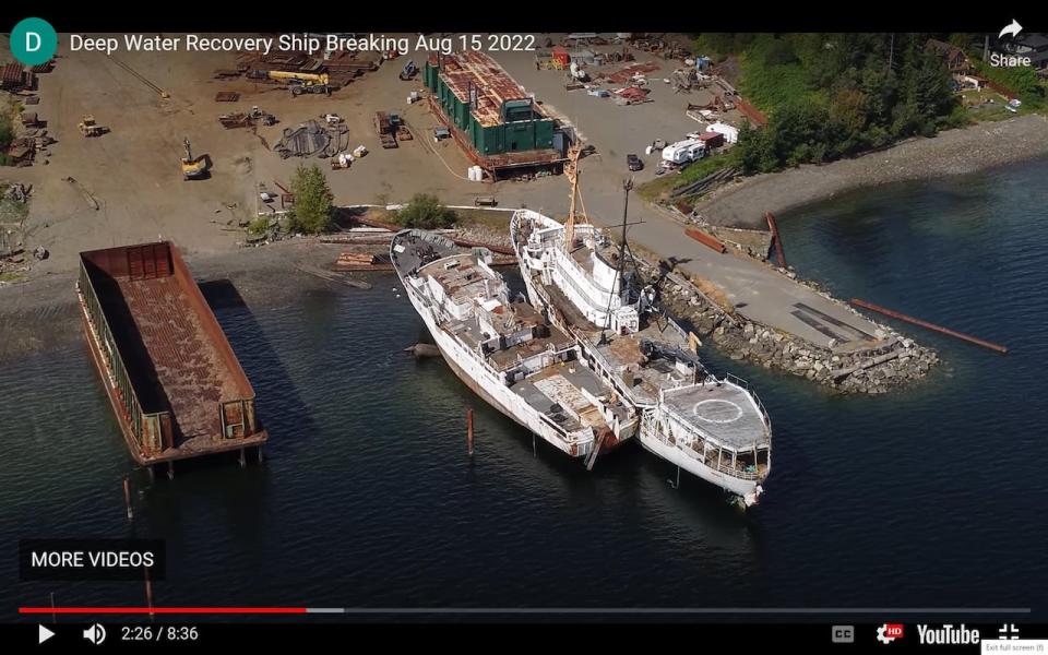 Two ships in moorage at Deep Water Recovery Ltd. site in Union Bay, B.C. on Aug. 15, 2022.