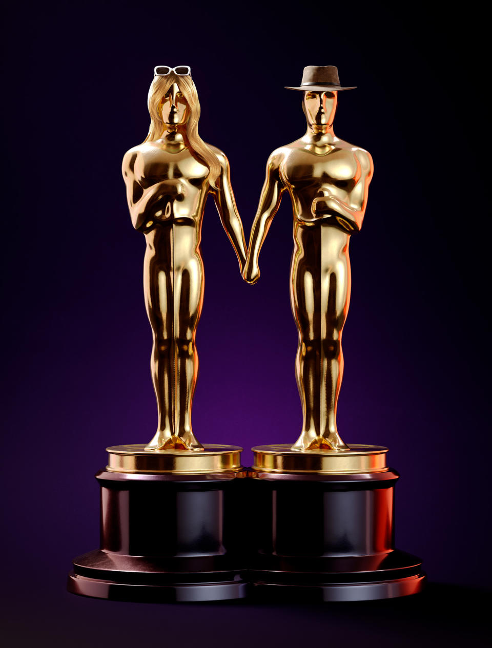 Two Oscar statuettes modified to look like characters from 'Barbie' and 'Oppenheimer'