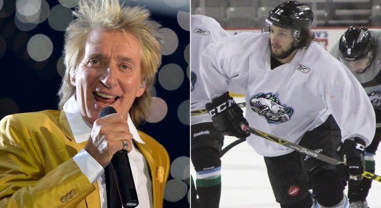 Grammy Award winner Rod Stewart (left) and his son, Liam, who is playing for Great Britain in the IIHF World Championship. (The Canadian Press)