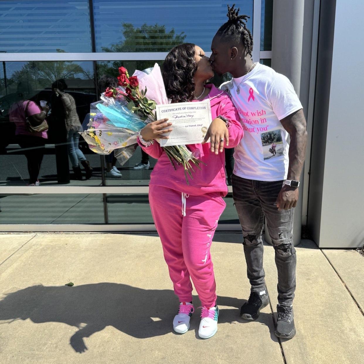 Angelica May and Imeek Watkins. He proposed to her on March 20, 2024, the same day she rang the bell after her last chemotherapy treatment. May was diagnosed with breast cancer in September 2023.