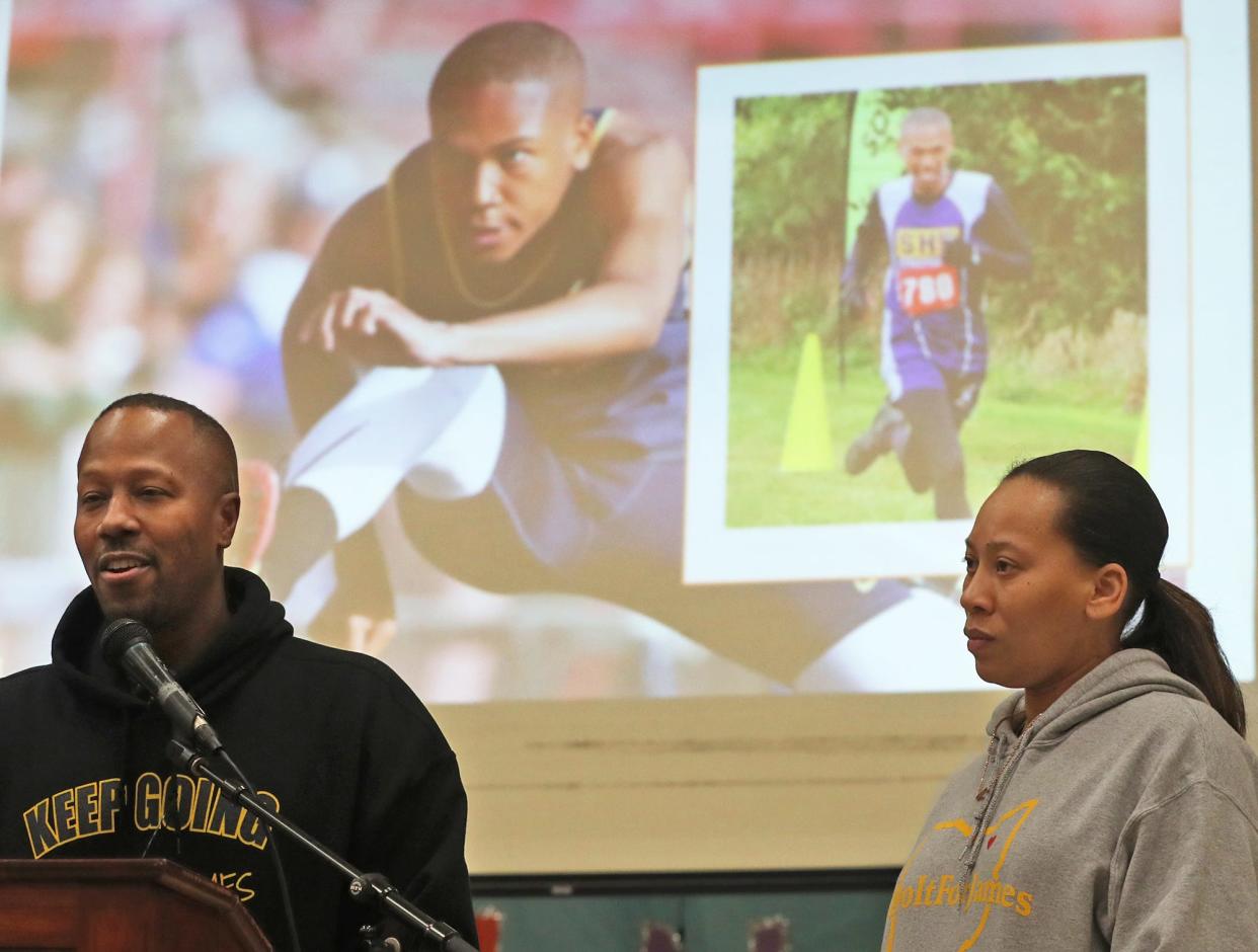 Tim and Tamia Woods talk about their late teenage son James and the dangers of sextortion during an event in November at Stanton Middle School in Kent.