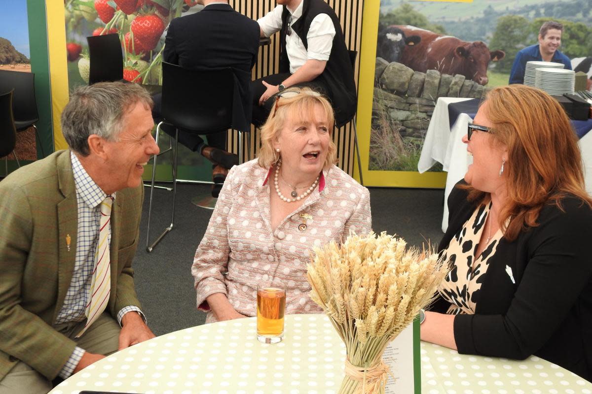 NFU vice president Rachel Hallos (right) speaking with show president Lady Dannatt (centre) and Norfolk farmer Nick Deane at the Royal Norfolk Show <i>(Image: NFU)</i>