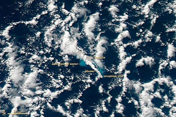 Taken in the afternoon on July 19, 2012, this NASA MODIS image reveals the Havre Seamount eruption, including the gray pumice, ash-stained water and the volcanic plume. [<a href="http://www.livescience.com/11252-wild-volcanoes.html" rel="nofollow noopener" target="_blank" data-ylk="slk:Wild Volcano;elm:context_link;itc:0;sec:content-canvas" class="link ">Wild Volcano</a>