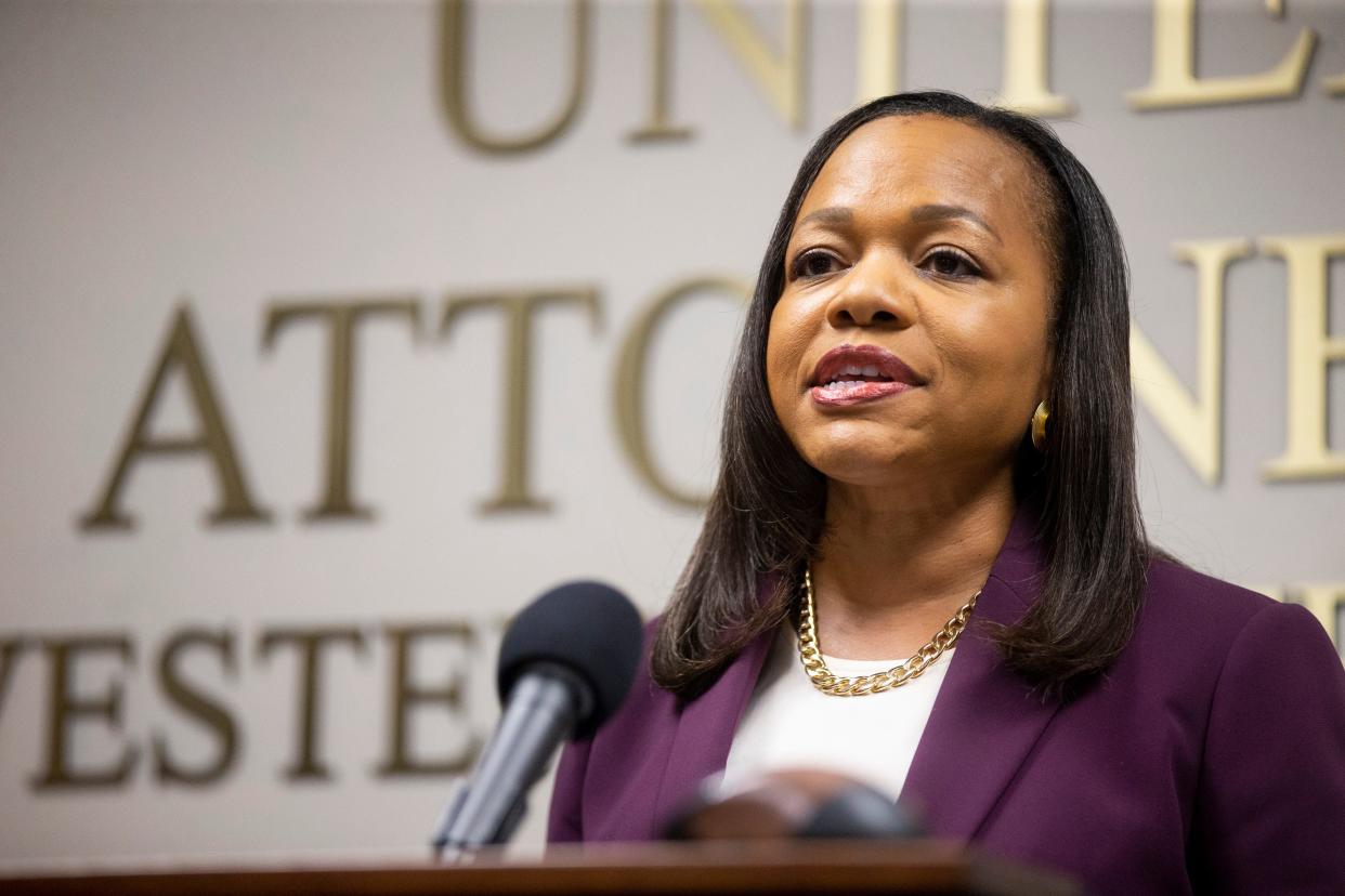 Assistant U.S. Attorney General Kristen Clarke, head of the Department of Justice’s civil rights division, speaks during a press conference announcing that an indictment is pending in federal court for the five now-former Memphis police officers involved in the Tyre Nichols case in Memphis, Tenn., on Tuesday, September 12, 2023.