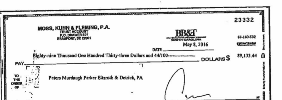 Screenshot of a check that attorney Justin Bamberg said originated from suspended Beaufort lawyer Cory Fleming’s firm’s bank account and was meant for Pamela Pinckney, his client. Fleming represented her and, according to Bamberg, that money never made it to Pinckney.