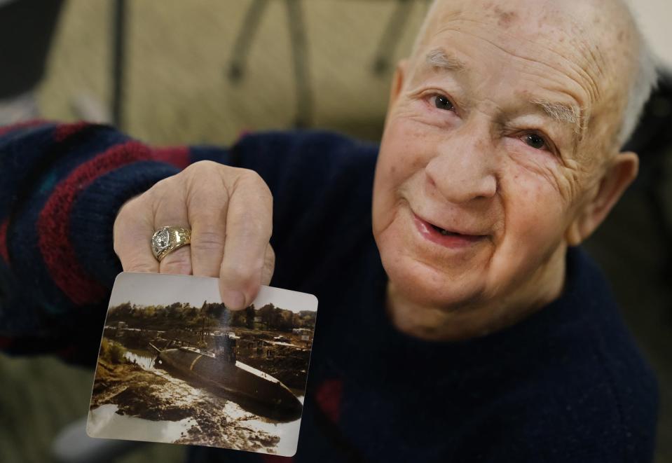 Harold Whitehouse, at 91, was one of the men who rode aboard the USS Albacore, when the 500-ton submarine was winched into place at Albacore Park in Portsmouth in May of 1985.