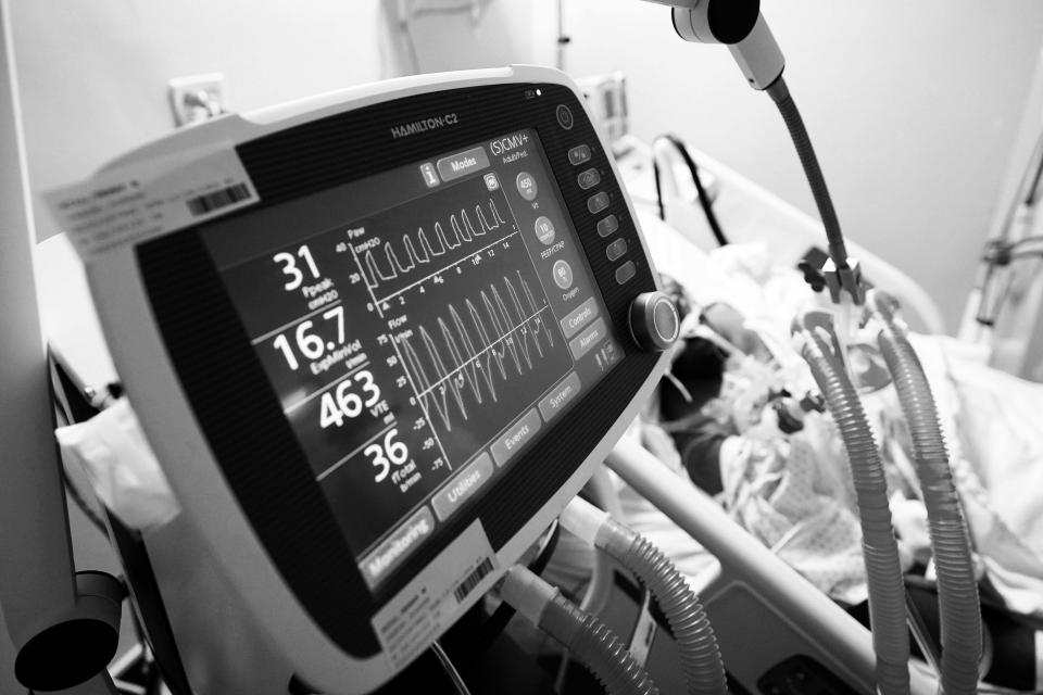 A ventilator helps a COVID-19 patient breathe inside the coronavirus unit at United Memorial Medical Center July 6 in Houston.