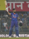 India's Virat Kohli celebrates scoring a century during the first one-day international cricket match between India and Sri Lanka in Guwahati, India, Tuesday, Jan. 10, 2023.(AP Photo/Anupam Nath)