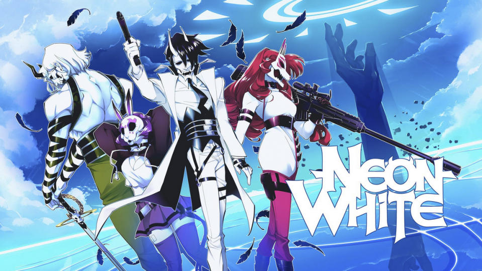 This image provided by Annapurna Interactive shows a frame from the video game Neon White, a campy twist on the first-person shooter genre that involves careening across heaven at breakneck speeds to stop a demon invasion. Drawn in an anime style and with a romantic subplot, it is nominated for "Best Indie" at the Game Awards, an Oscars-like event for the video game industry, on Thursday, Dec. 8, 2022. (Annapurna Interactive via AP)