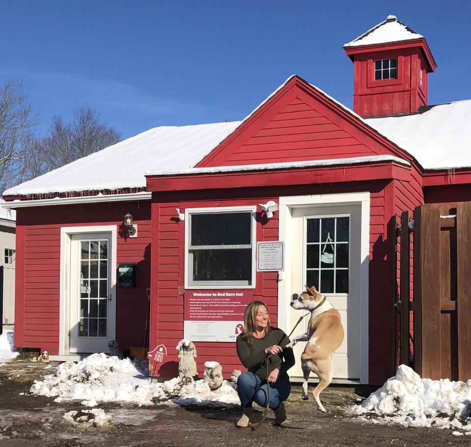 Audra Simpson plays with her boxer, Tucker, in front of the Red Barn Inn, the dog day care business that she owns on Alfred Road in Kennebunk, Maine, on Jan. 30, 2024.