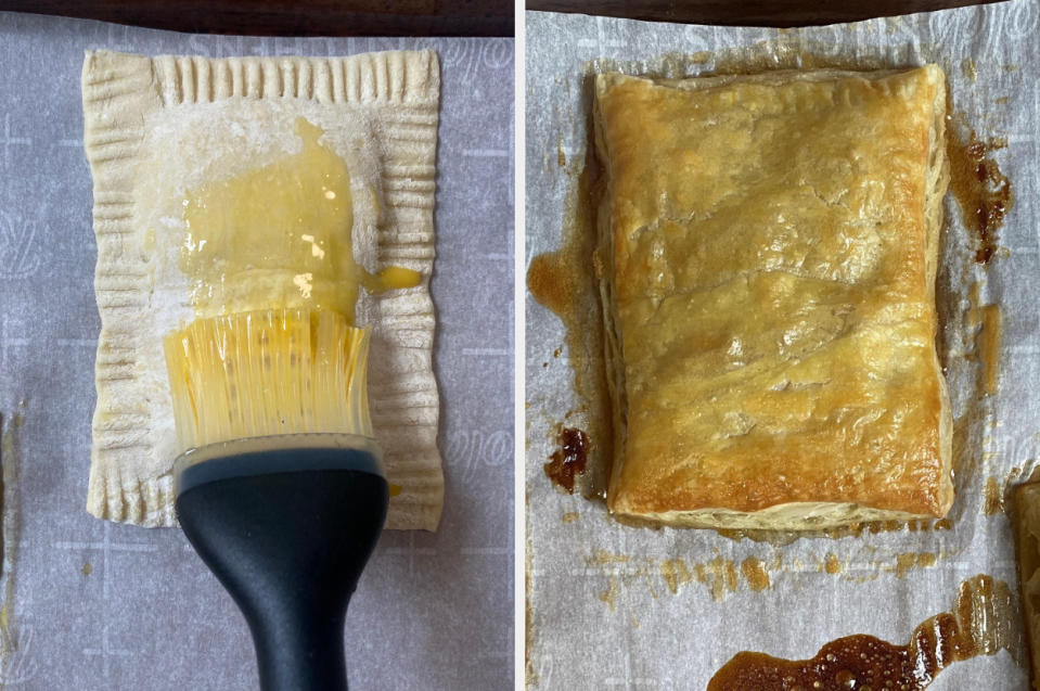 A pastry brushed with egg wash on the left and the same pastry after it's cooked on the right