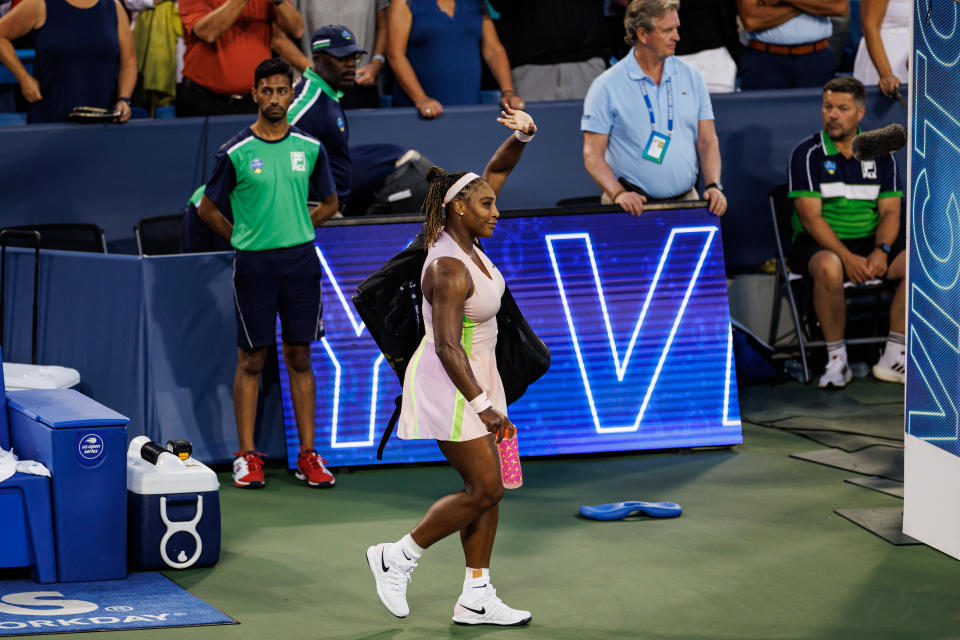 Serena Williams (pictured) leaves centre court at the Cincinnati Masters.