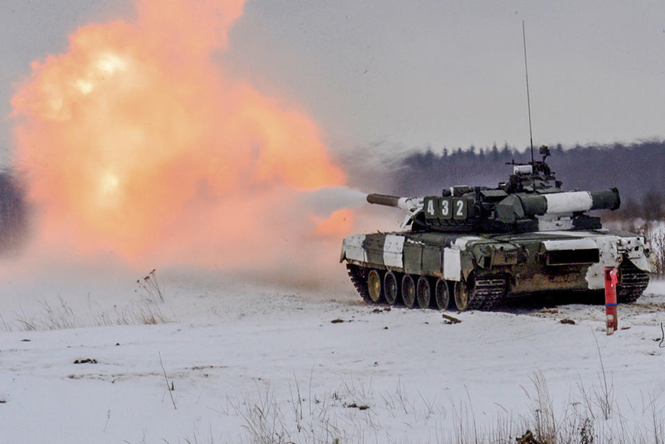 In this photo released by the Russian Defense Ministry Press Service on in Nizhny Novgorod, Russia, Saturday, Feb. 5, 2022, a tank takes part in a military exercise, in Russia. (Russian Defense Ministry Press Service via AP)