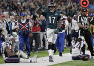 <p>Philadelphia Eagles wide receiver Alshon Jeffery (17) celebrates after making a pass reception, during the first half of the NFL Super Bowl 52 football game against the New England Patriots Sunday, Feb. 4, 2018, in Minneapolis. New England Patriots cornerback Stephon Gilmore (24) is seen at right. (AP Photo/Tony Gutierrez) </p>